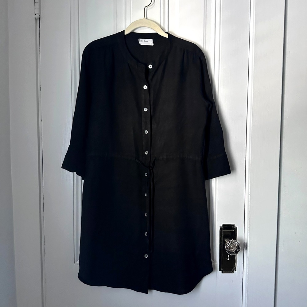 Allen Allen USA Black Linen Shirt Dress XS Button Front Drawstring Waist
